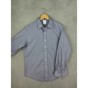 Brooks Brothers Shirt Mens 16.5 35 Blue Check Milano Non-Iron Supima Cotton